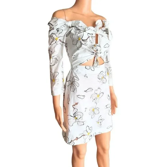 Isa Arfen White Floral Print Tie Knot Front Cutout Mini Dress 3/4 Sleeve Small - Picture 5 of 8